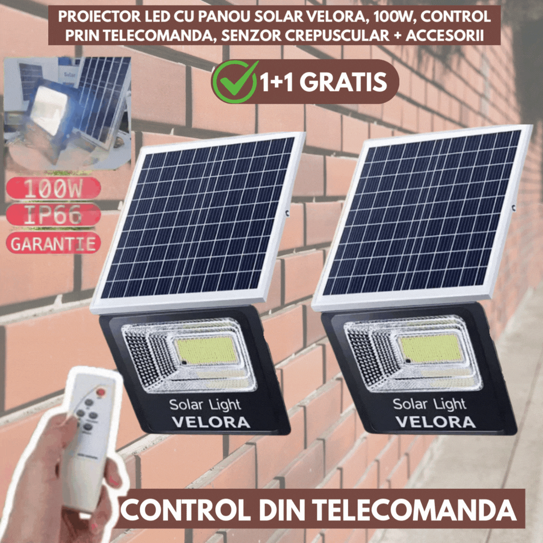 1+1 GRATIS: Proiector LED Cu Panou Solar VELORA, 100W, Control Prin Telecomanda, Senzor Crepuscular + Accesorii+ Lampa Solara 100x Led CADOU