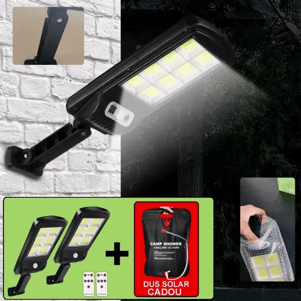 Set De 2 Lampi Solare, Cu Senzor De Miscare SI Telecomanda, 300W + CADOU Dus Solar 20 Litri