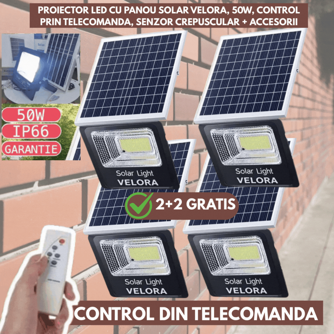 2+2 GRATIS - Proiector LED cu Panou Solar VELORA, 50W, Control Prin Telecomanda, Senzor Crepuscular + Accesorii+ Lampa Solara 100x Led CADOU