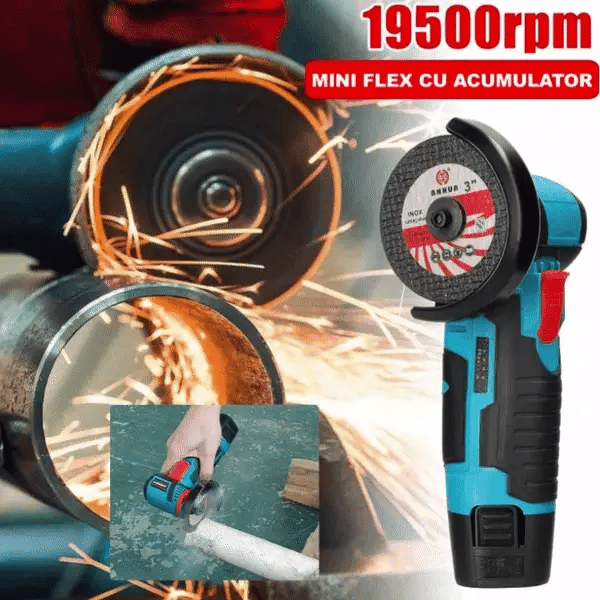 Mini Polizor Unghiular Electric cu 2 Acumulatori si 2 Discuri,Flex Portabil, 12V, Disc 76MM + 5 Discuri CADOU