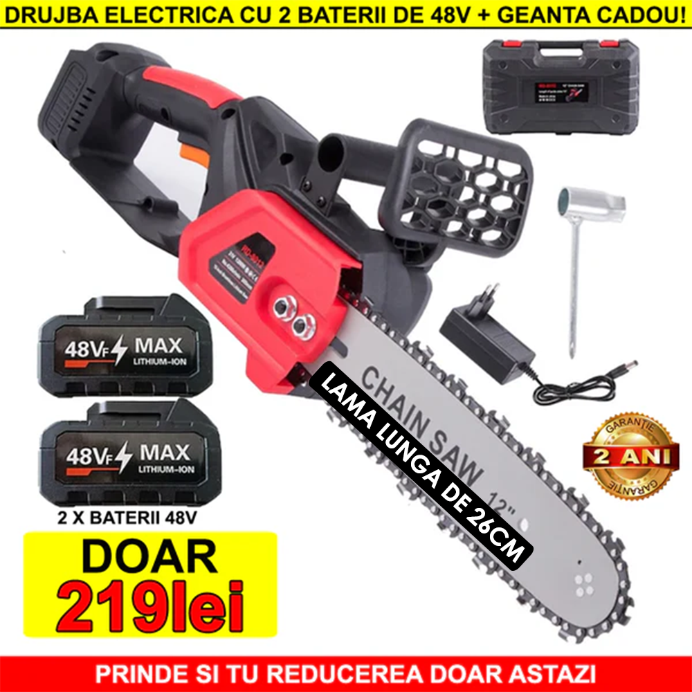 Drujba Cu Sistem de Ungere, cu 2 x Lama 26 cm (10 INCH), 2 x Lant, 2 x Acumulator 48V, Geanta de Transport CADOU