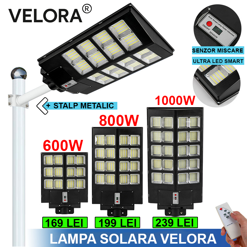 Lampa Stradala Cu Incarcare Solara VELORA, Panou Solar Integrat,  Putere Mare + Stalp De Sustinere CADOU + Accesorii