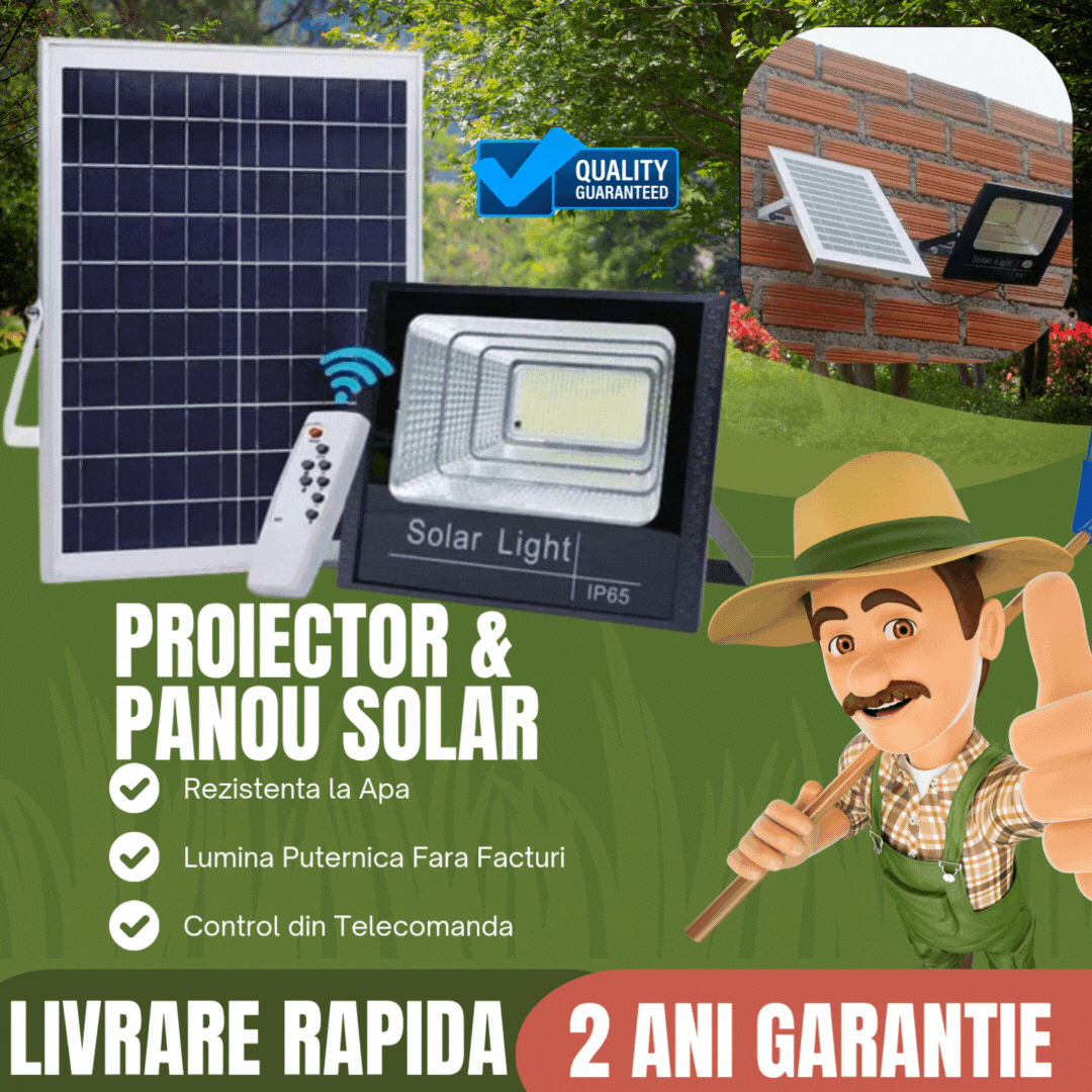 Proiector LED Cu Panou Solar, 300W, Rezistenta La Apa IP66, Control Din Telecomanda