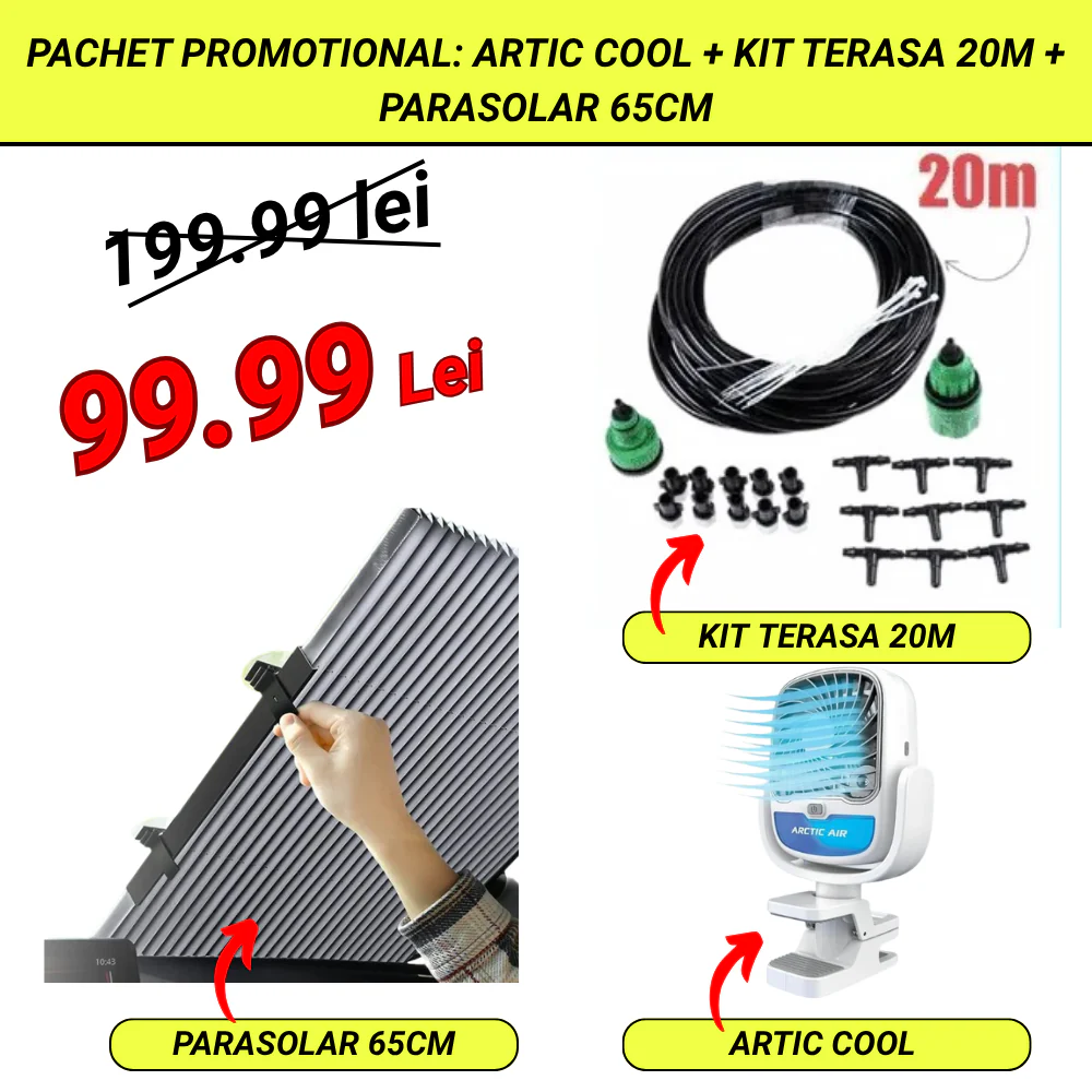PACHET PROMO: Ventilator Portabil Arctic Cool 360° Cu Apa + Sistem Racire Terasa  Cu Vapori de Apa 20m + Parasolar Auto Tip Acordeon