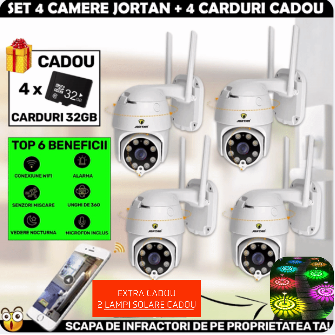 SET 4 X Camera Smart Color Jortan Surveillance4® Wifi, IP Vizualizare Live Prin Aplicatie, Senzor de Miscare + 4 CARDURI CADOU+ 2 x Lampi Solare CADOU CW4.4
