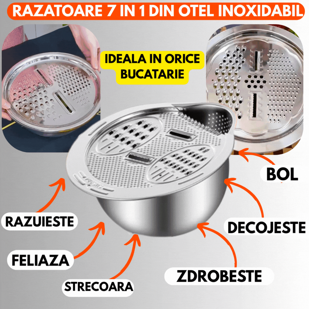 Razatoare Multifunctionala 7 In 1 Din Otel Inoxidabil  Ideala Pentru Feliere, Razuire, Scurgere Si Depozitare