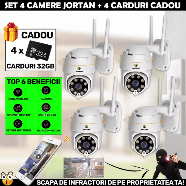 SET 4 X Camera Smart Color Jortan Surveillance4® Wifi, IP Vizualizare Live Prin Aplicatie, Senzor de Miscare + 4 CARDURI CADOU