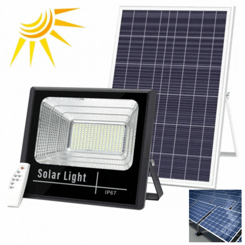 2+2 GRATIS - Proiector LED cu Panou Solar VELORA, 50W, Control Prin Telecomanda, Senzor Crepuscular + Accesorii+ Lampa Solara 100x Led CADOU