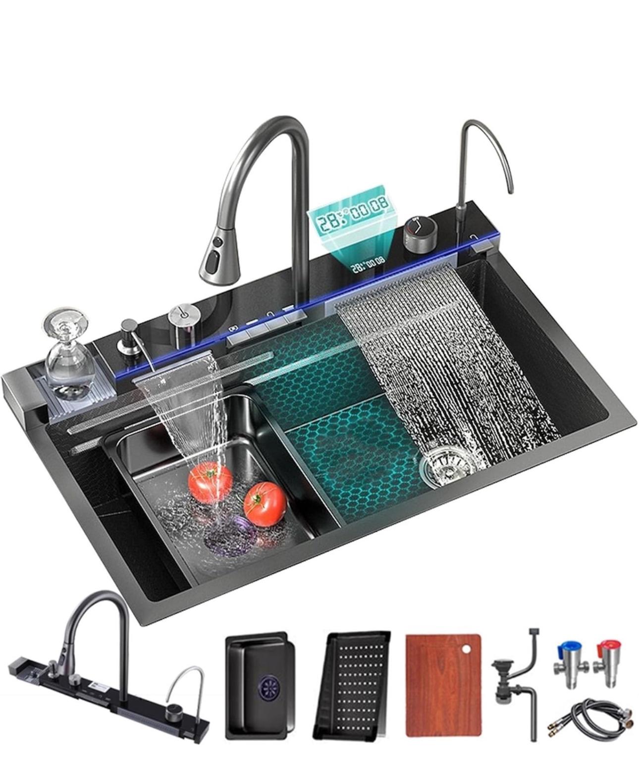 Chiuveta Premium 14 In 1 Cu Display Digital, Lumina Ambientala, Rola De Apa, Cascada, Baterie Extensibila Cu 3 Functii, Dozator De Detergent, Spalator De Pahare, Tocator, Din Otel Inoxidabil Anti-Zgarieturi