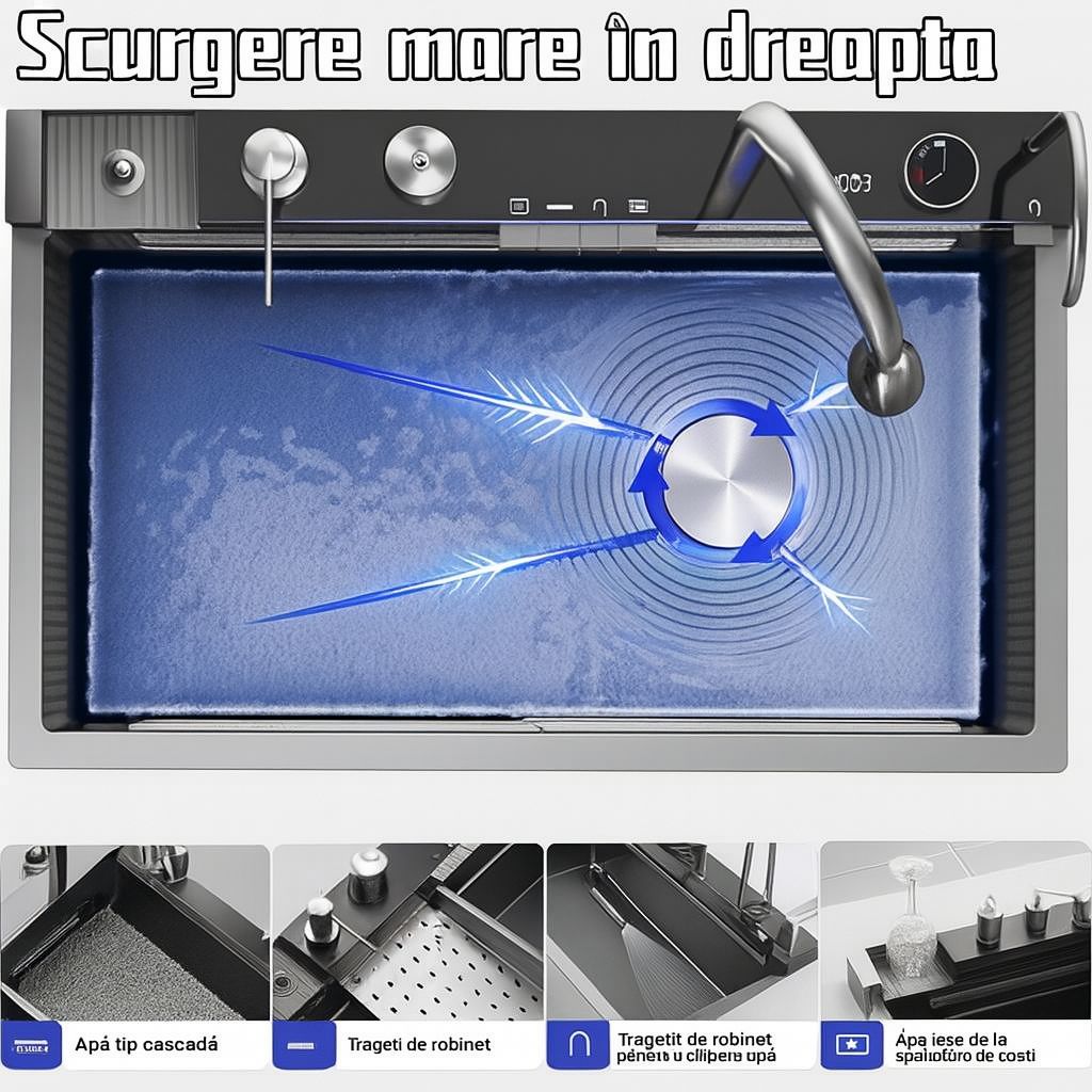 Chiuveta Premium 14 In 1 Cu Display Digital, Lumina Ambientala, Rola De Apa, Cascada, Baterie Extensibila Cu 3 Functii, Dozator De Detergent, Spalator De Pahare, Tocator, Din Otel Inoxidabil Anti-Zgarieturi