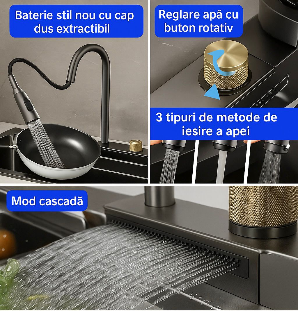 Chiuveta Premium 14 In 1 Cu Display Digital, Lumina Ambientala, Rola De Apa, Cascada, Baterie Extensibila Cu 3 Functii, Dozator De Detergent, Spalator De Pahare, Tocator, Din Otel Inoxidabil Anti-Zgarieturi