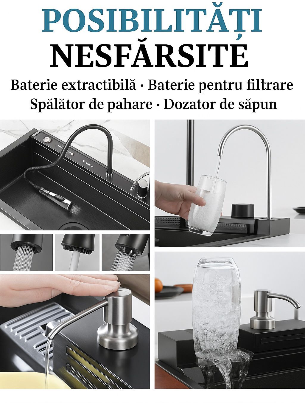 Chiuveta Premium 14 In 1 Cu Display Digital, Lumina Ambientala, Rola De Apa, Cascada, Baterie Extensibila Cu 3 Functii, Dozator De Detergent, Spalator De Pahare, Tocator, Din Otel Inoxidabil Anti-Zgarieturi