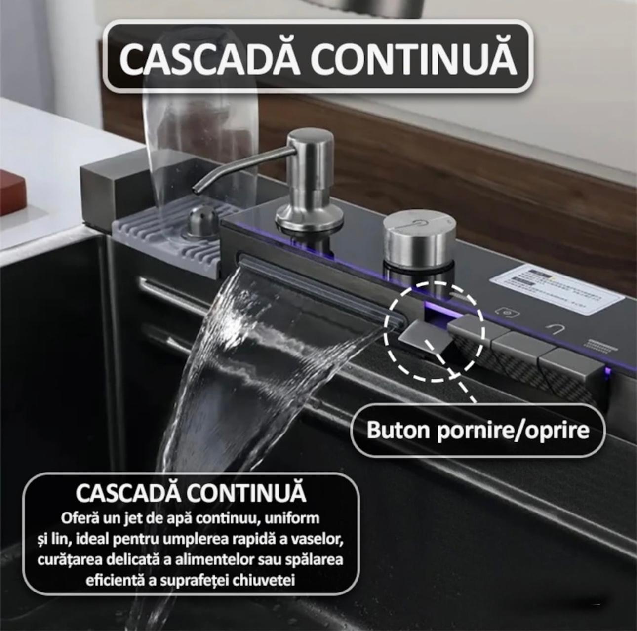 Chiuveta Premium 14 In 1 Cu Display Digital, Lumina Ambientala, Rola De Apa, Cascada, Baterie Extensibila Cu 3 Functii, Dozator De Detergent, Spalator De Pahare, Tocator, Din Otel Inoxidabil Anti-Zgarieturi