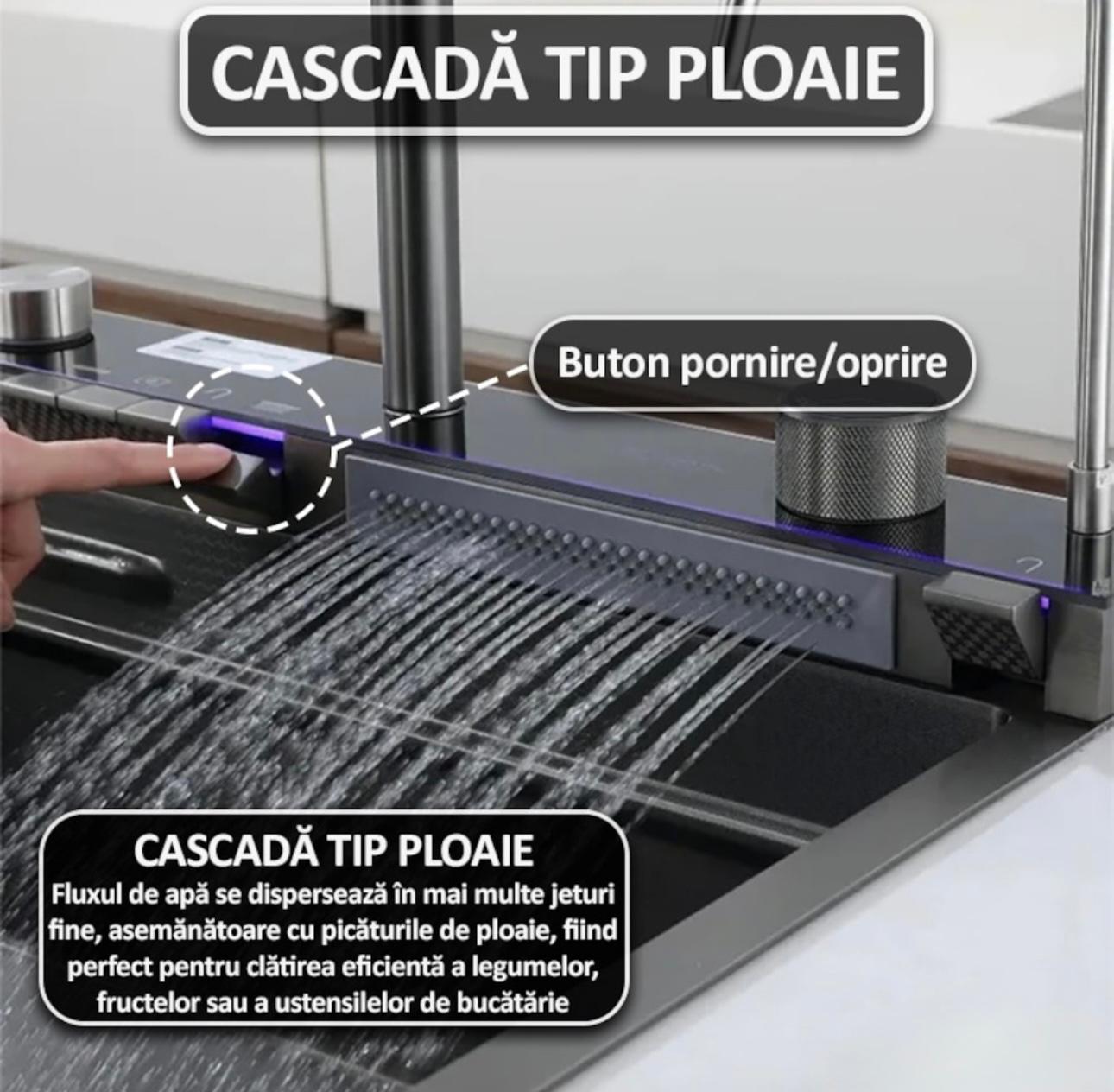 Chiuveta Premium 14 In 1 Cu Display Digital, Lumina Ambientala, Rola De Apa, Cascada, Baterie Extensibila Cu 3 Functii, Dozator De Detergent, Spalator De Pahare, Tocator, Din Otel Inoxidabil Anti-Zgarieturi