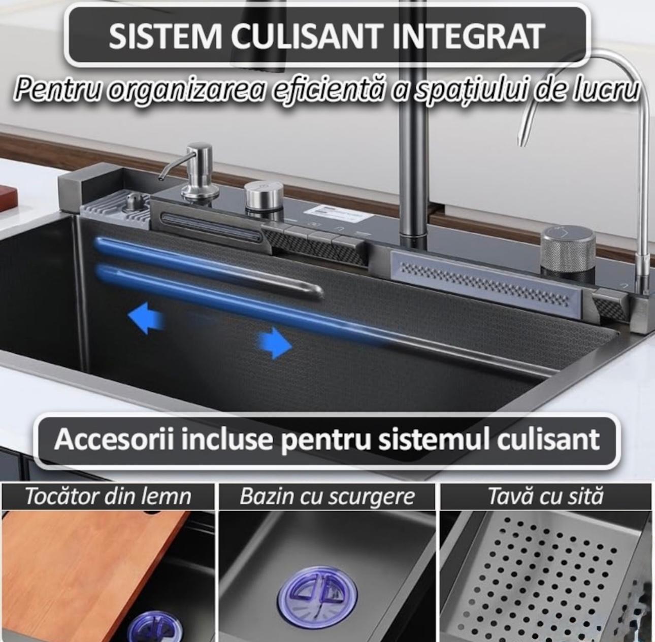 Chiuveta Premium 14 In 1 Cu Display Digital, Lumina Ambientala, Rola De Apa, Cascada, Baterie Extensibila Cu 3 Functii, Dozator De Detergent, Spalator De Pahare, Tocator, Din Otel Inoxidabil Anti-Zgarieturi