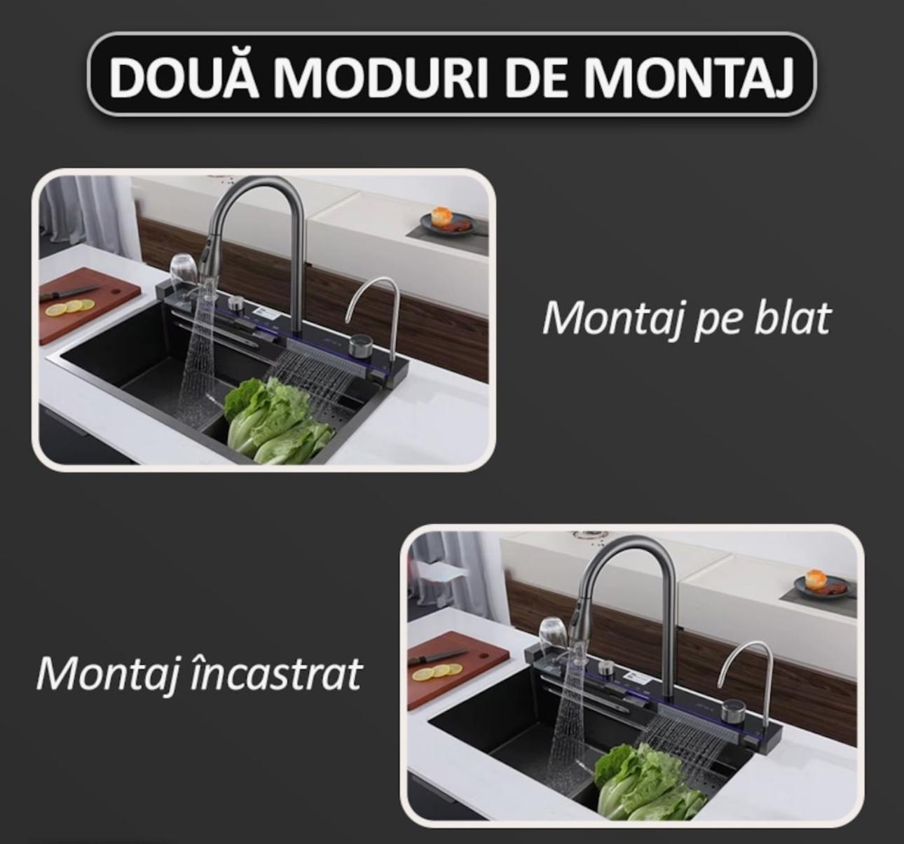 Chiuveta Premium 14 In 1 Cu Display Digital, Lumina Ambientala, Rola De Apa, Cascada, Baterie Extensibila Cu 3 Functii, Dozator De Detergent, Spalator De Pahare, Tocator, Din Otel Inoxidabil Anti-Zgarieturi