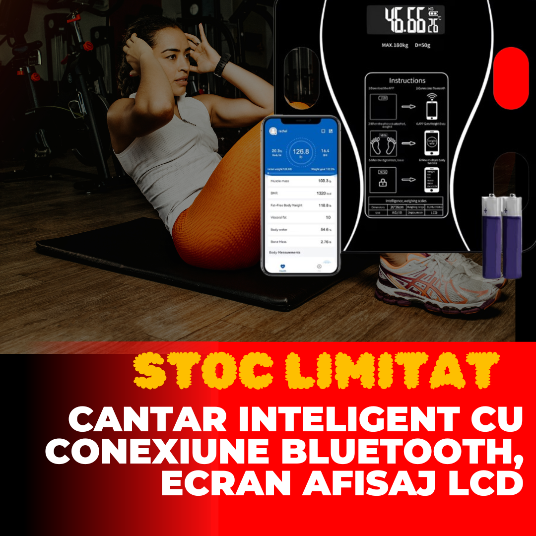 1+1 GRATIS Cantar Inteligent, Conexiune Bluetooth, Ecran Afisaj LCD, Masoara Indicii Corporali, Din Sticla Securizata