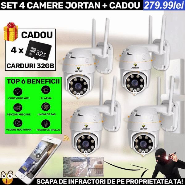 SET 4 X Camera Smart Color Jortan Wifi, IP Vizualizare Live Prin Aplicatie, Senzor de Miscare + 4 CARDURI CADOU