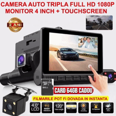 Camera auto TRIPLA Full HD cu monitor de 4 INCH pentru bord si unghi larg de filmare de 170 grade + card 64 gb CADOU
