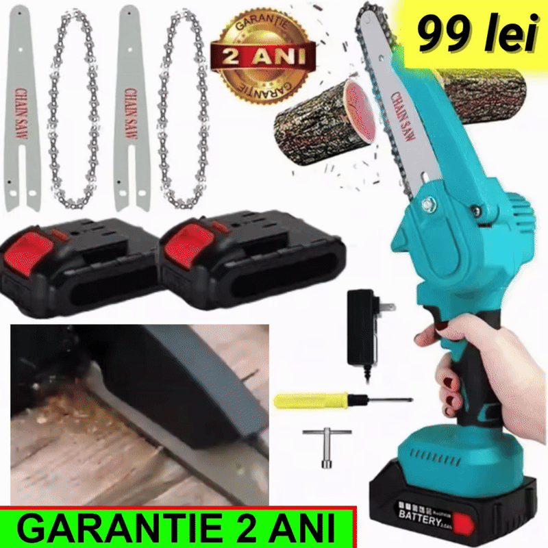 Lichidare STOC: Mini Fierastrau Electric Cu Acumulatori 48V, 2x Baterie + 2x Lant + 2x Lama, 6 Inch