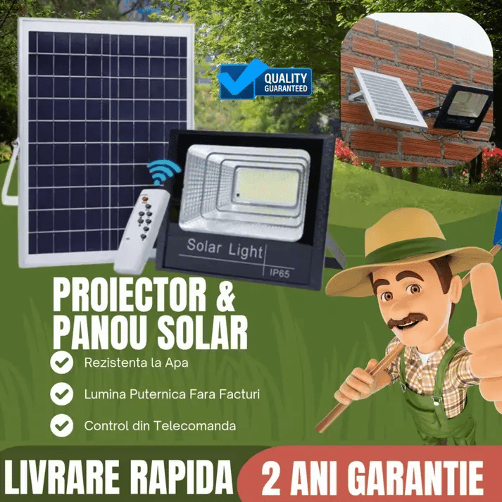 Pachet Promotional: Proiector  Rezistent Si Puternic Jortan 200W + Panou Solar + Telecomanda Si Accesorii,Incarcare Rapida