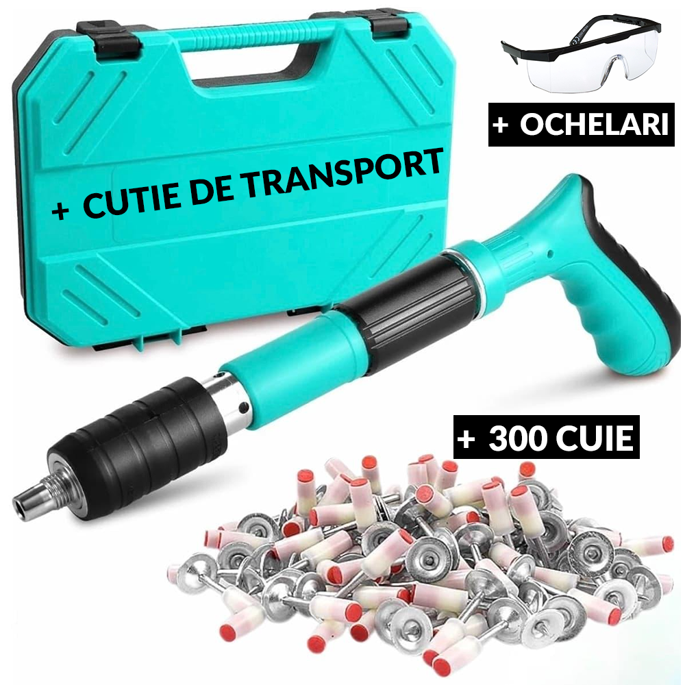 Pistol Manual Pentru Fixarea Cuielor Pe Perete Lungime 30 cm, Calibru 7.3 cm, Pneumatic + Accesorii + Ochelari De Protectie + Cutie Transport + Set 300 Cuie CADOU