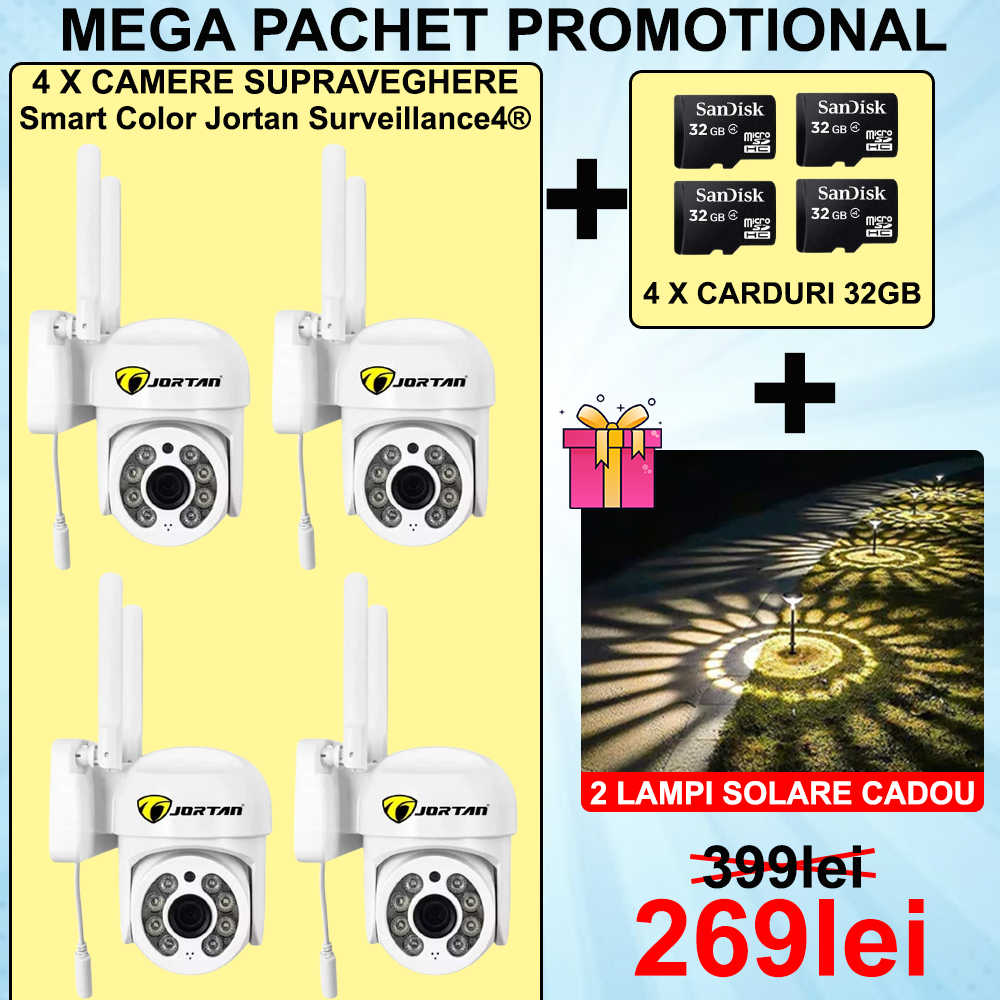 SET 4 X Camera Smart Color Jortan Surveillance4® Wifi, IP Vizualizare Live Prin Aplicatie, Senzor de Miscare + 4 CARDURI CADOU+ 2 x Lampi Solare CADOU CW4.4