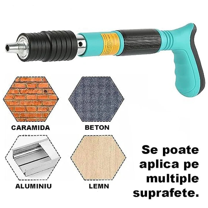 Pistol Manual Pentru Fixarea Cuielor Pe Perete Lungime 30 cm, Calibru 7.3 cm, Pneumatic + Accesorii + Ochelari De Protectie + Cutie Transport + Set 300 Cuie CADOU