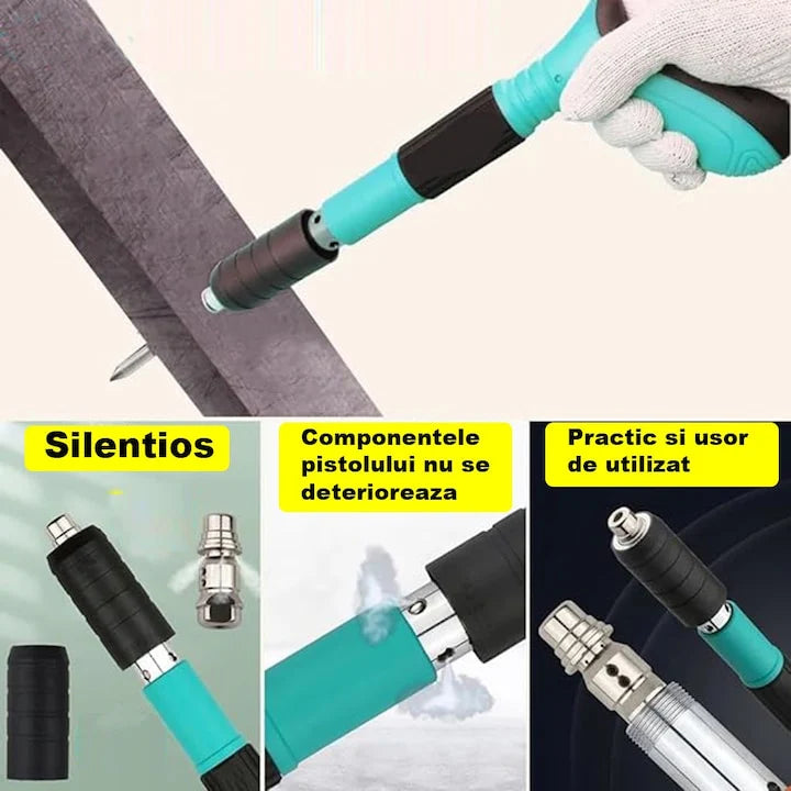 Pistol Manual Pentru Fixarea Cuielor Pe Perete Lungime 30 cm, Calibru 7.3 cm, Pneumatic + Accesorii + Ochelari De Protectie + Cutie Transport + Set 300 Cuie CADOU