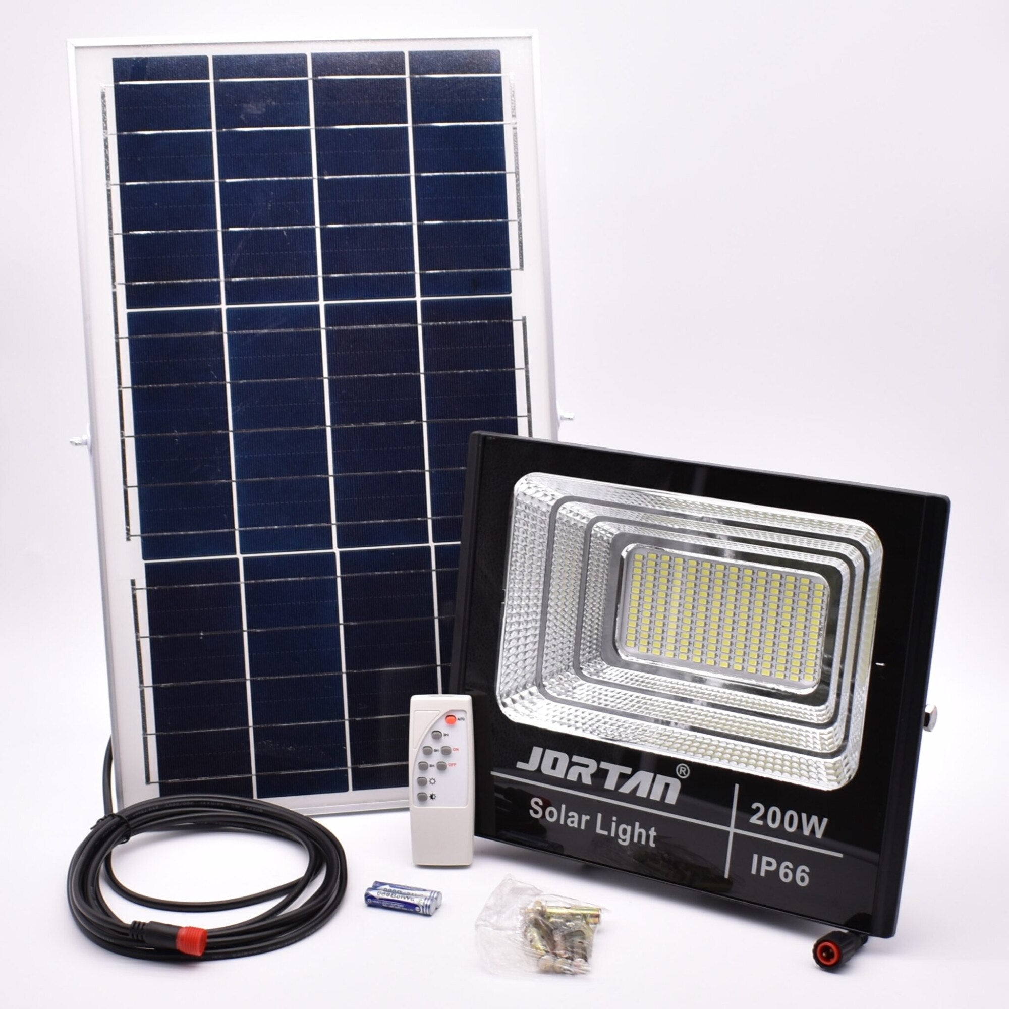 Pachet Promotional: Proiector  Rezistent Si Puternic Jortan 200W + Panou Solar + Telecomanda Si Accesorii,Incarcare Rapida