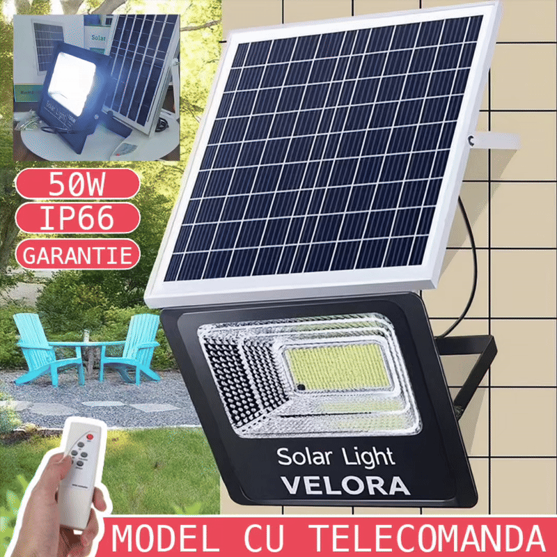 1+1 GRATIS - Proiector LED cu Panou Solar VELORA, 50W, Control Prin Telecomanda, Senzor Crepuscular + Accesorii+ Lampa Solara 100x Led CADOU
